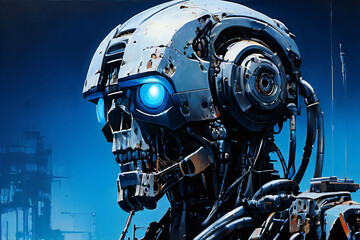 Fototapeta premium Oil painting showcasing close up view of sci-fi bizarre humanoid robot.
