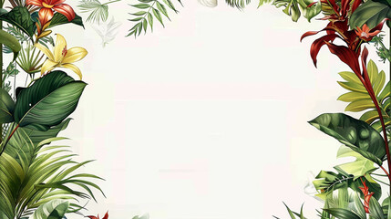 Fototapeta na wymiar A colorful and vibrant image of a tropical forest with a white background. The image is full of life and energy, with a variety of different plants and flowers. The colors are bright and bold
