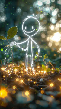 A man is holding a watering can and is surrounded by lights. The image has a whimsical and playful mood, as if the man is a character in a fairy tale