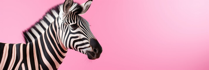 Fototapeta na wymiar A zebra is standing in front of a pink background wide panoramic banner with copy space.