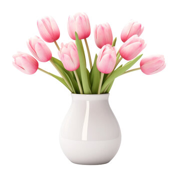 Beautiful pink tulip flowers in a vase isolated on white or transparent background, png clipart, design element. Easy to place object on any other background.