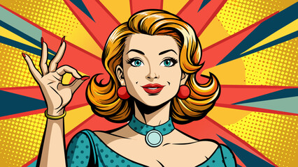 pop art cute retro woman in comics style with ok s 