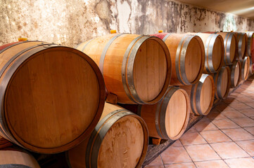 French oak wooden barrels for aging red wine in underground cellar, Saint-Emilion wine making region picking, cru class Merlot or Cabernet Sauvignon red wine grapes, France, Bordeaux