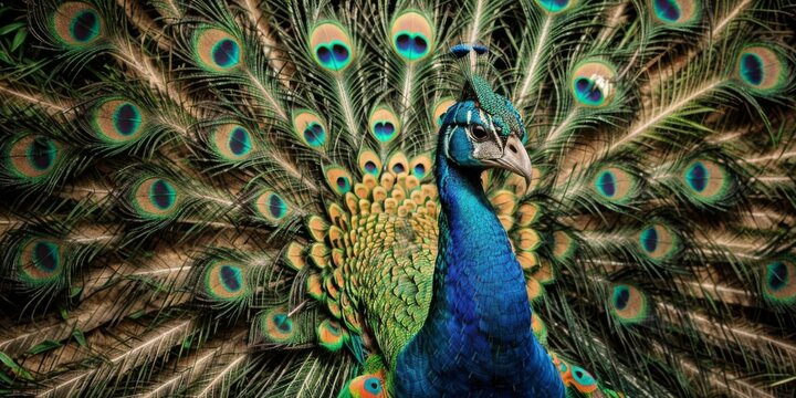   A close-up image of a peacock with numerous feathers covering its back, and its tail feathers spread out in full glory