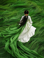 A woman in a green dress is walking through a field of green grass. The dress is long and flowing, and the woman's hair is styled in a bun. The image has a serene and peaceful mood