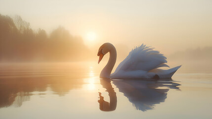 Elegant swan gliding gracefully across a tranquil lake at dawn - obrazy, fototapety, plakaty