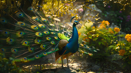Exquisite peacock displaying its vibrant plumage in a lush garden - obrazy, fototapety, plakaty