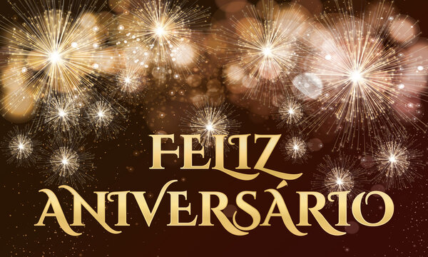 cartão ou banner para desejar feliz aniversário em ouro sobre fundo marrom e preto com fogos de artifício dourados