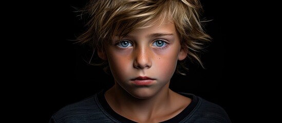 Young boy with striking blue eyes wearing a black shirt looks at the camera with a curious expression