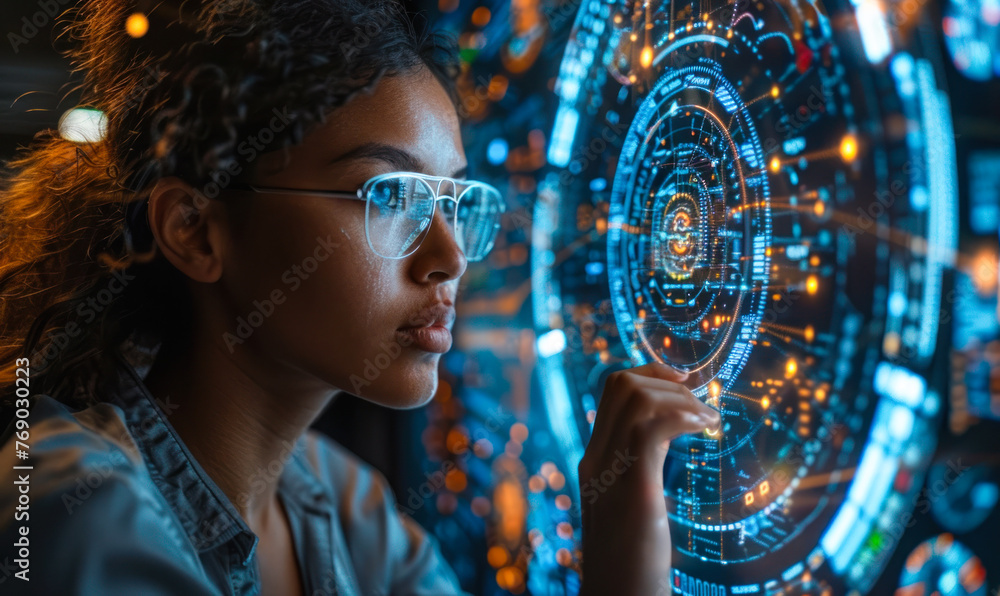 Poster business professional using a futuristic holographic display for data analysis and biometric securit