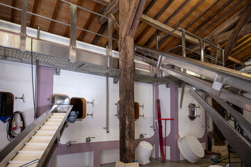 Concrete tanks for first fermentation of grapes, Bordeaux Saint-Emilion wine making region picking, sorting with hands and crushing Merlot or Cabernet Sauvignon red wine grapes, France