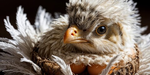   A bird with an egg in its beak and feathers on its neck