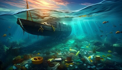 Environmental Crisis: Sunken Boat Amidst Ocean Trash Pollution - obrazy, fototapety, plakaty