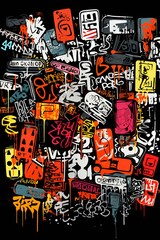 black background, many small graffiti spray tags shapes symbols pattern with copy space and space for text