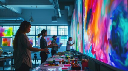 A man is using a computer in an office building, surrounded by tables, paintings, and art in a magenta-themed room. AIG41