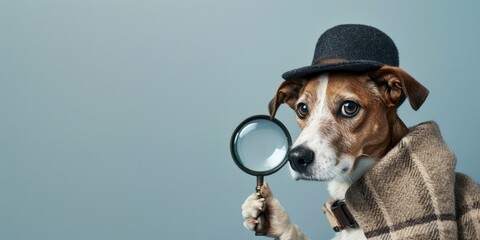 Dog Detective Looking Through a Magnifying Glass on a Blue Background with Space for Copy