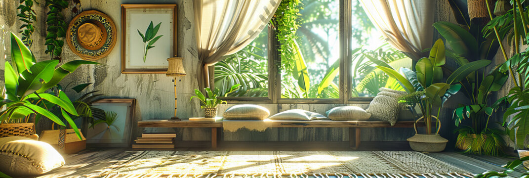 Modern Home Interior with Bright Window and Green Plants, Comfortable and Stylish Living Space with Natural Light