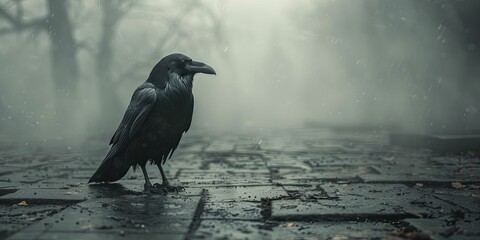 Naklejka premium Gothic Raven on Aged Stone Floor, Misty Fog Background, Ideal for Dark Fantasy and Gothic Novel Displays