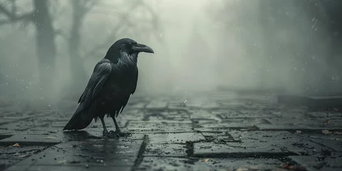 Fotobehang Gothic Raven on Aged Stone Floor, Misty Fog Background, Ideal for Dark Fantasy and Gothic Novel Displays © Kanisorn