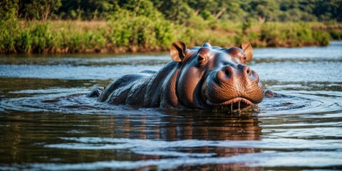 Fototapeta premium A zoomed-in photo of a hippo in the water, surrounded by trees and vegetation in the background
