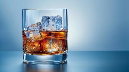 Whiskey glass with ice cubes on simple backdrop, ideal for text, blank space for custom message