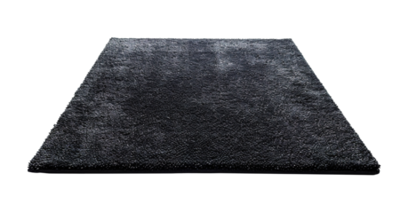 Modern, black rectangular carpet, front view. Rug on transparent background. Cut out home decor. Contemporary, loft style.
