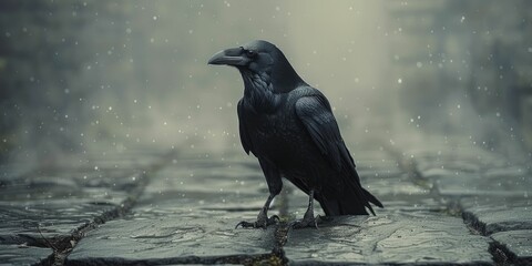 Fototapeta premium A haunting raven perches on weathered stone in the eerie mist, perfect for evoking a dark and gothic atmosphere in storytelling.