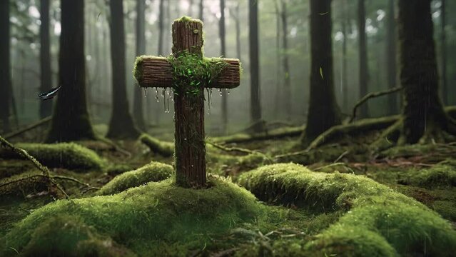 Experience the timeless solemnity of an aged grave marker adorned with a mossy cross, its weathered surface bearing silent testament to the passage of time in immersive 4K looping footage.