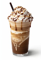 A cup filled with rich coffee topped with whipped cream and drizzled with chocolate syrup