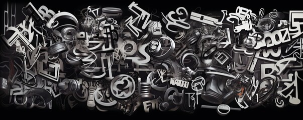 black background, many small graffiti spray tags shapes symbols pattern with copy space and space for text