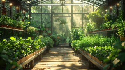 vibrant world of greenhouse agriculture, as sunlight filters through transparent films, nurturing rows of thriving plants. - obrazy, fototapety, plakaty