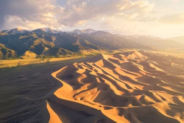 Foto op Plexiglas A breathtaking desert landscape with mountains under a colorful sunset sky © Gromik