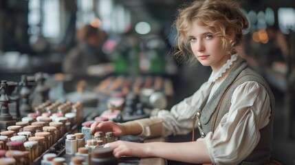 Evocative portrayal of a young woman at work in an early industrial setting, her gaze capturing the soulful blend of innocence and determination. - obrazy, fototapety, plakaty