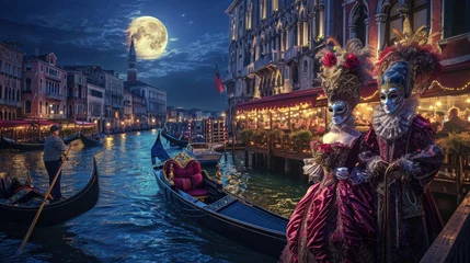 Tuinposter A grand Venetian carnival scene, elaborate masks and costumes, gondolas on the canal under moonlight. Resplendent. © Summit Art Creations