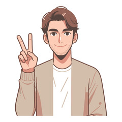 Man showing peace sign vector illustration, happy male gesturing peace victory sign with hand, gladness, joyfulness, positive emotion design template isolated on white background
