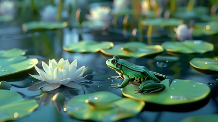 Gordijnen Frolicking frog leaping between lily pads in pond © Muhammad