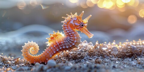 Enhance your beach house vibes with a charming nautical seahorse set against the sandy beach floor in the soft dawn light.