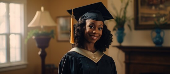 A scholar in academic dress is beaming with a smile while standing in a living room. She is wearing a mortarboard and it seems like a joyful graduation event in a cozy room