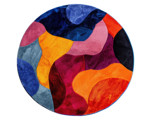 Modern, colorful round carpet, top view. Rug on transparent background. Cut out home decor. Contemporary style. Vibrant colors. Artistic design. High angle view.