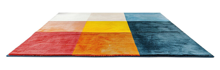 Modern, colorful rectangular carpet, front view. Rug on transparent background. Cut out home decor. Contemporary style. Vibrant colors. Artistic design.