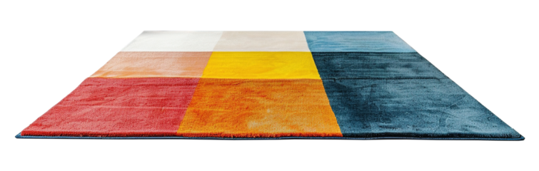 Modern, colorful rectangular carpet, front view. Rug on transparent background. Cut out home decor. Contemporary style. Vibrant colors. Artistic design.