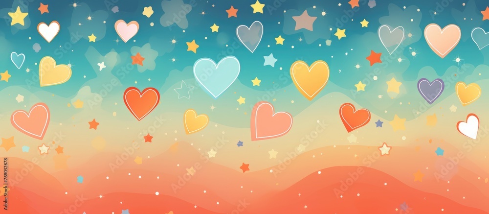 Poster vivid hearts and stars in multiple colors scattered across a lively background with a mix of red and