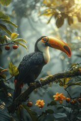 Naklejka premium Discover the majestic Rainforest Toucan perched on a tropical branch at dawn, perfect for showcasing conservation and eco-tourism.