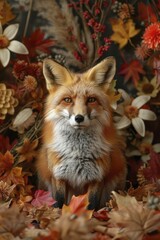 Rustic Fox on Autumn Leaf Pile Floor, Evening Glow Light, Ideal for Fall Season Fashion and Home Decor Displays