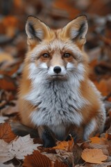 Fototapeta premium Capture the essence of autumn with a rustic fox basking in the evening glow on a leaf pile floor, perfect for fall decor.