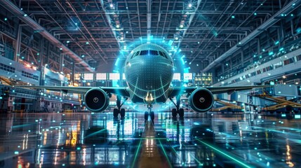 Commercial Airplane in Hangar During Maintenance at Night - obrazy, fototapety, plakaty