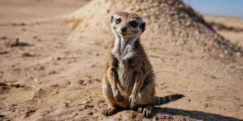 Fototapeta premium A meerkat sits on the ground in front of a mound of dirt and a hill of dirt behind it