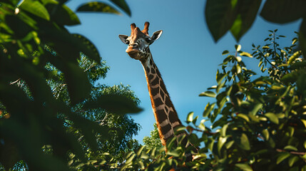 Giraffe reaching for leaves in the tall treetops - obrazy, fototapety, plakaty