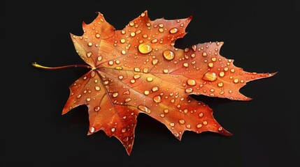 Autumn Maple Leaf with Water Drops on Black