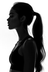 Silhouette of Grace: Woman with Long Ponytail in Monochrome. Generative AI.

